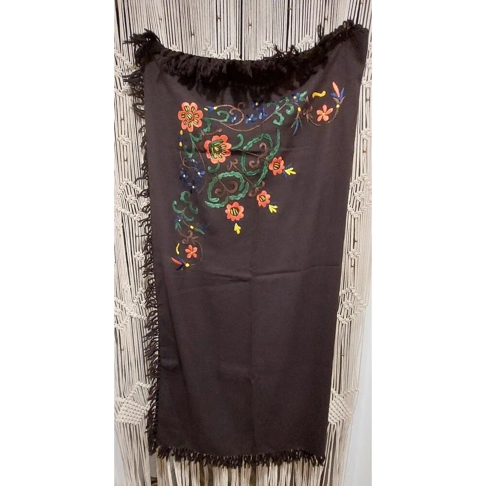 Brown Wool Square Folk Shawl Wrap Scarf Hand Embroidered Fringed 48